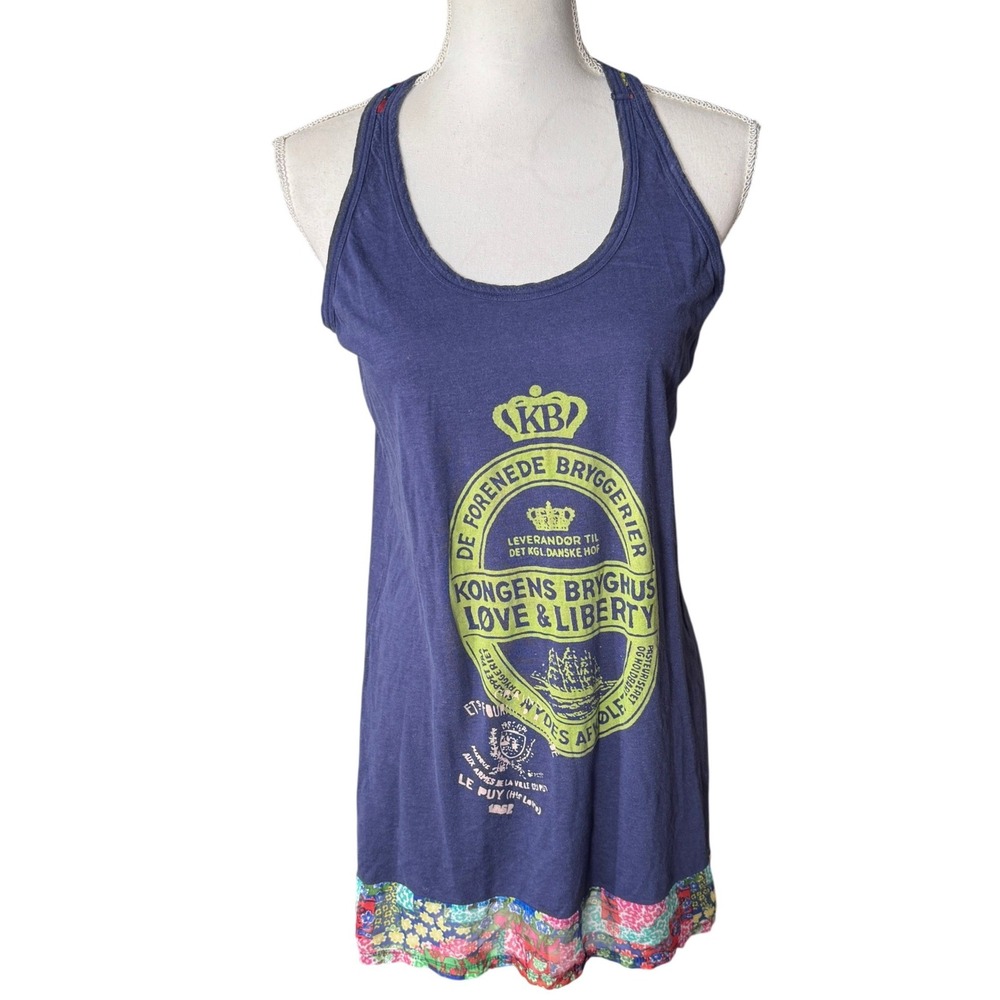 Johnny Was For Love & Liberty Navy Blue Graphic Racerback Tank Top Floral Mesh M